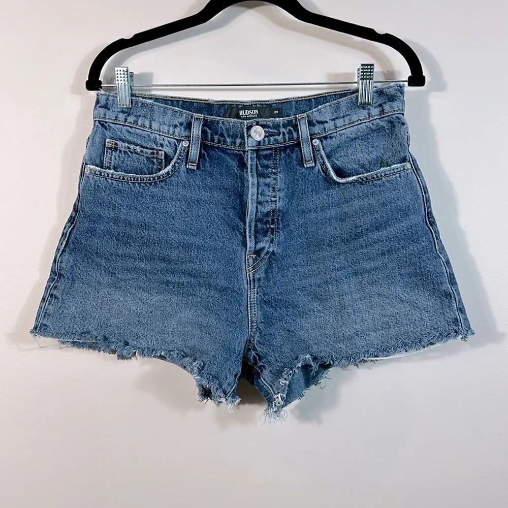 Hudson Jean Denim Cara Classic Shorts Raw Hem Button Fly 100% Cotton Size 29